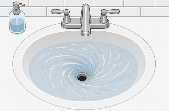 Illustration: hot tap water draining quickly from a bathroom sink after snaking