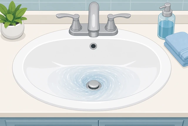 Illustration: full bathroom sink basin draining quickly after pop-up stopper reinstalled