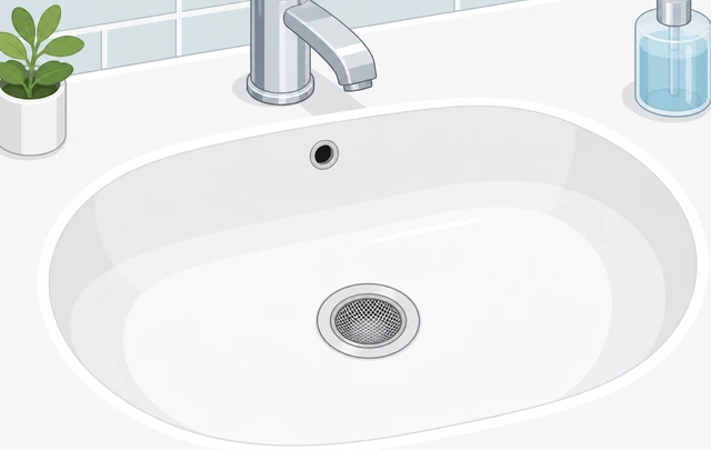 Illustration: mesh drain strainer installed in a clean bathroom sink, tools stored nearby