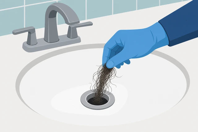 Illustration: gloved hand pulling a hair clump from a bathroom sink drain with needle-nose pliers nearby