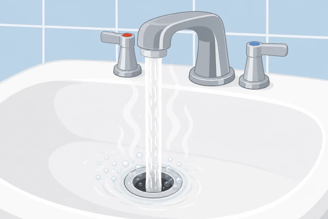 Illustration: hot tap water running into an open bathroom sink drain, not a kettle