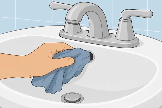 Illustration: wet rag pressed into the bathroom sink overflow hole to seal it for plunging