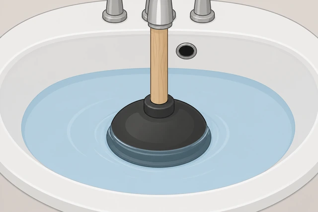 Illustration: cup plunger seated over a bathroom sink drain with water covering the rubber cup