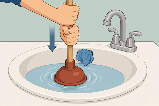 Illustration: vertical plunging motion on a bathroom sink drain with overflow sealed by a rag