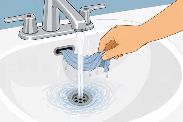 Illustration: removing overflow rag and flushing hot tap water after plunging a bathroom sink