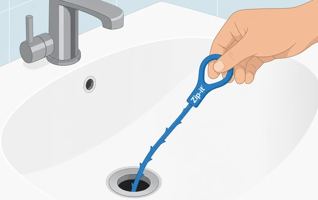 Illustration: zip-it drain tool being fed gently into a bathroom sink drain opening