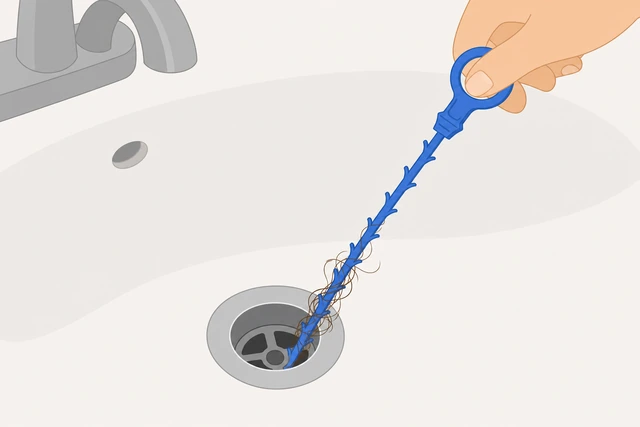 Illustration: slowly pulling a zip-it tool from a drain with hair on the barbs