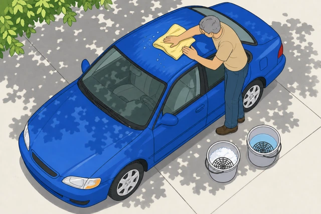 Illustration: hand toweling a rinsed car panel dry immediately, water droplets still visible being blotted away