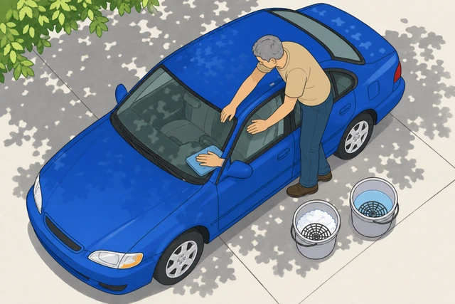 Illustration: hand wiping white water-spot marks off a car hood with a vinegar-dampened microfiber towel