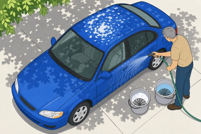 Illustration: hose spraying water onto a car door panel with a visible dried soap film, re-wetting it immediately