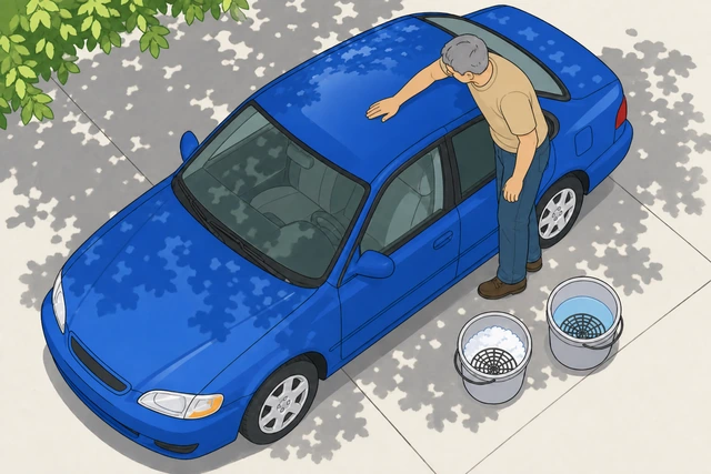 Illustration: hand running a fingertip over a freshly dried, rewashed car panel checking for a rough or dulled patch
