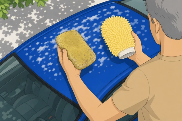 Illustration: hand holding up a worn sponge and a clean microfiber wash mitt side by side, choosing the mitt