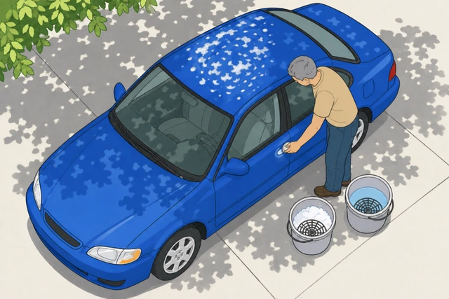 Illustration: hand applying a small amount of swirl-remover polish to one small test spot on a car door panel