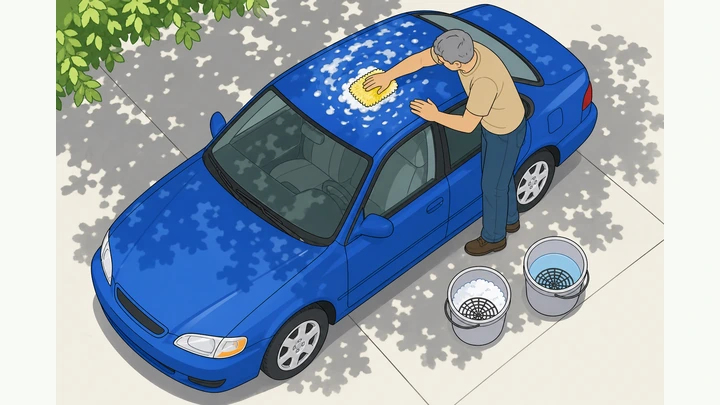 Illustration: hand washing a car's roof top-down with a soapy wash mitt beside two buckets with grit guards