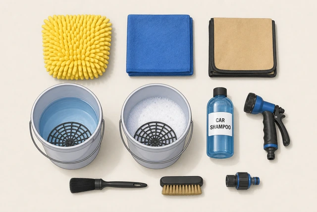 Illustration: pH-neutral car soap bottle, wash mitt, wheel brush, two buckets with grit guards, and microfiber towels laid out in shade