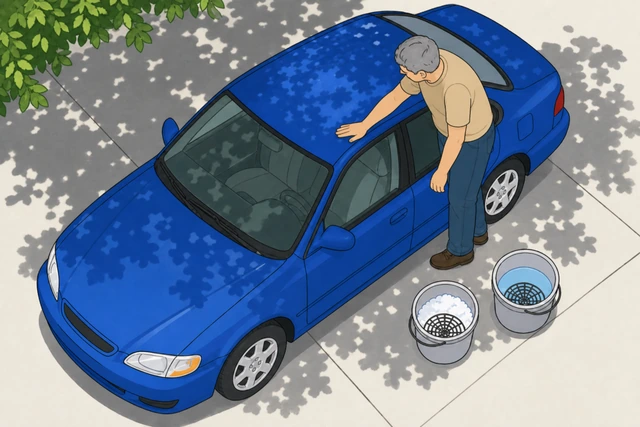 Illustration: car parked in shade with a hand resting flat on the hood to check it is cool