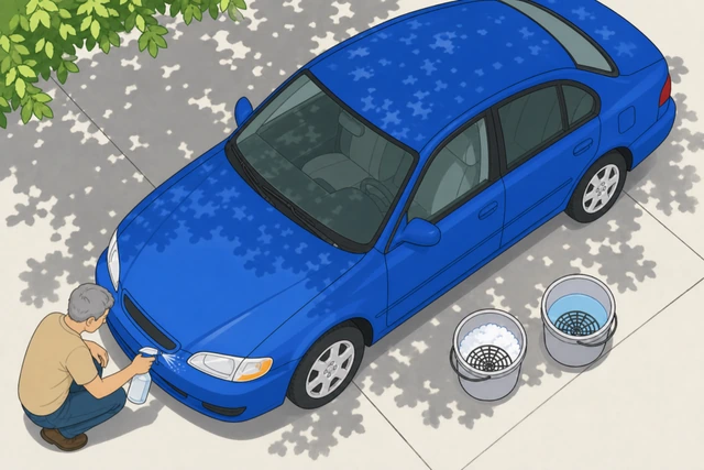 Illustration: spray bottle applying cleaner to a stuck-on bug spot on a bumper, letting it dwell before wiping