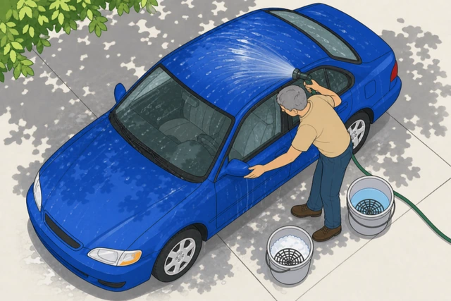 Illustration: hose rinsing an entire car top to bottom, hand checking a mirror housing and door gap for leftover suds