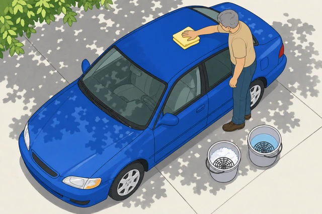 Illustration: hand blotting a car roof dry with a folded microfiber towel, working top-down, no dragging motion