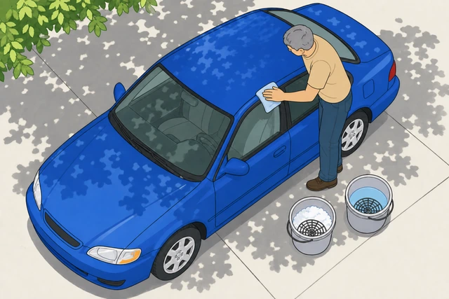 Illustration: hand wiping a car window streak-free with a separate microfiber towel kept apart from the body-drying towel