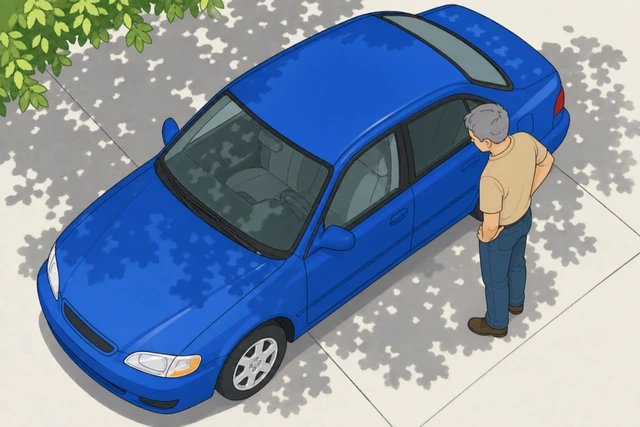 Illustration: person walking around a freshly washed, dry car in daylight, checking each panel for missed spots