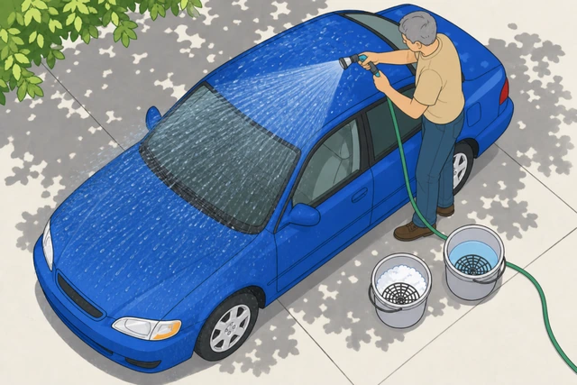 Illustration: hose spraying a wide fan pattern over a car roof and hood to rinse off loose dust and dirt