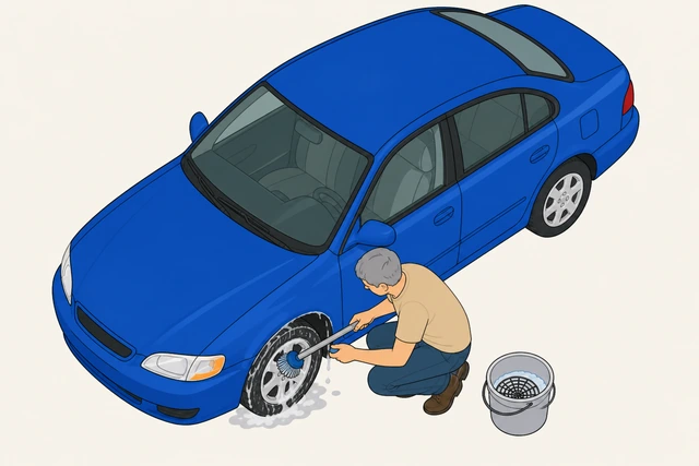 Illustration: hand scrubbing a car wheel and wheel well with a dedicated wheel brush, separate bucket beside it