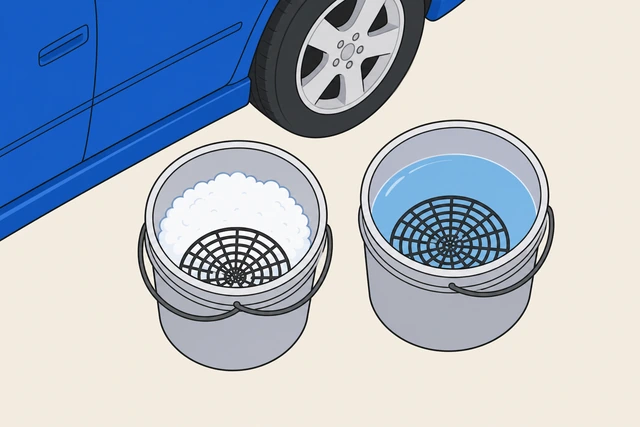 Illustration: two buckets side by side, one with soapy water and one with plain water, grit guards visible in both
