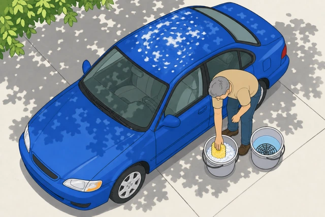 Illustration: hand dunking a wash mitt into a bucket of soapy water, rinse bucket set apart untouched