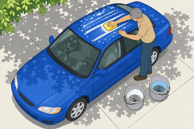 Illustration: hand washing a car roof with a soapy mitt using straight overlapping side-to-side passes