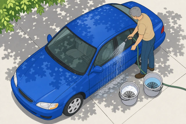 Illustration: hose rinsing suds off a car door panel immediately after washing, water still running down the surface