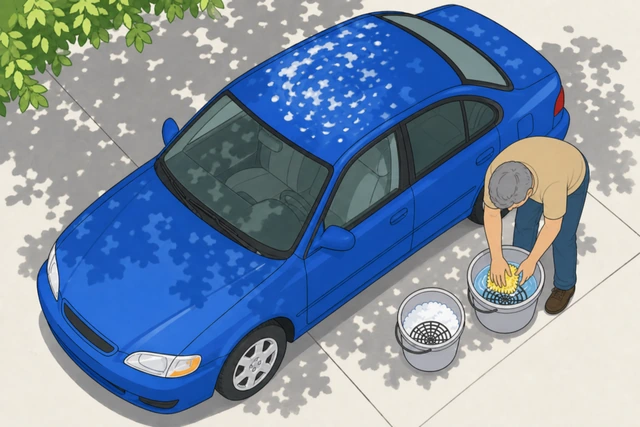 Illustration: hand swirling a wash mitt in the rinse bucket and dragging it across the grit guard at the bottom