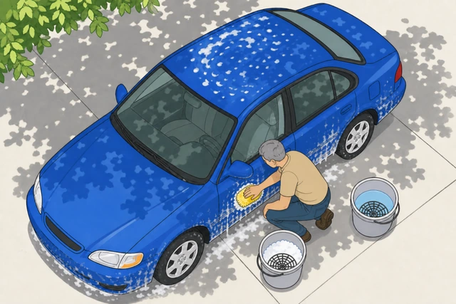 Illustration: hand washing a car's lower rocker panel and bumper last, working downward from cleaner upper panels