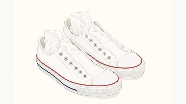 Illustration: clean white sneakers drying after hand washing