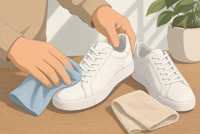 Illustration: wiping leather sneakers with a barely damp cloth