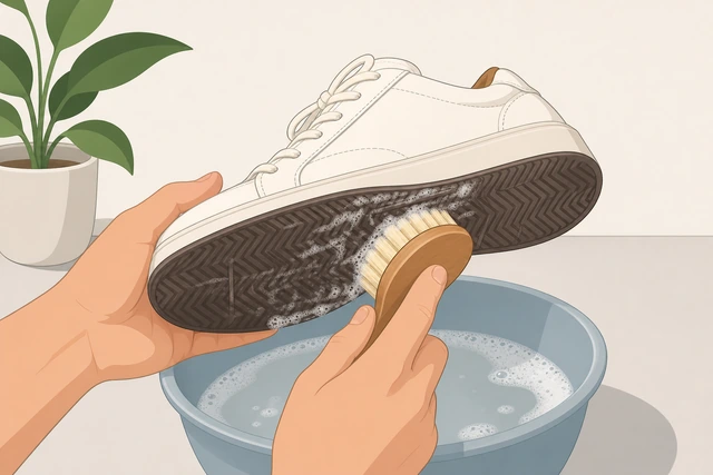 Illustration: scrubbing only rubber outsole of leather sneakers keeping upper dry