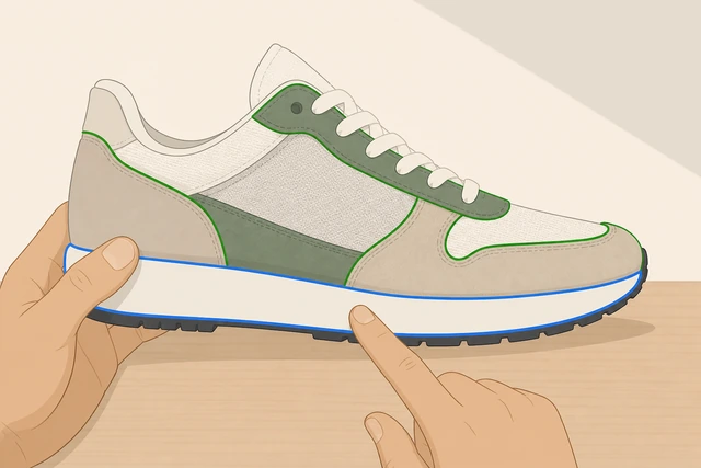 Illustration: pointing out rubber midsole versus fabric overlays on a sneaker