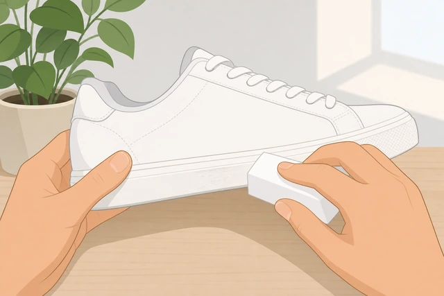 Illustration: lightly cleaning white sneaker midsole with a melamine sponge