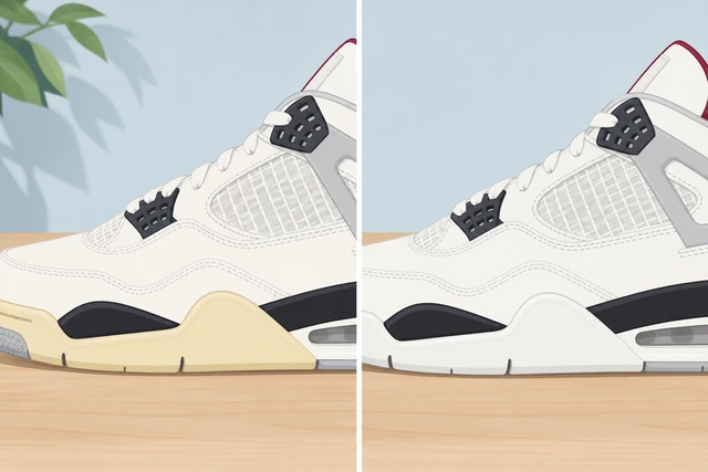Illustration: comparing cleaned midsole with remaining oxidation yellowing