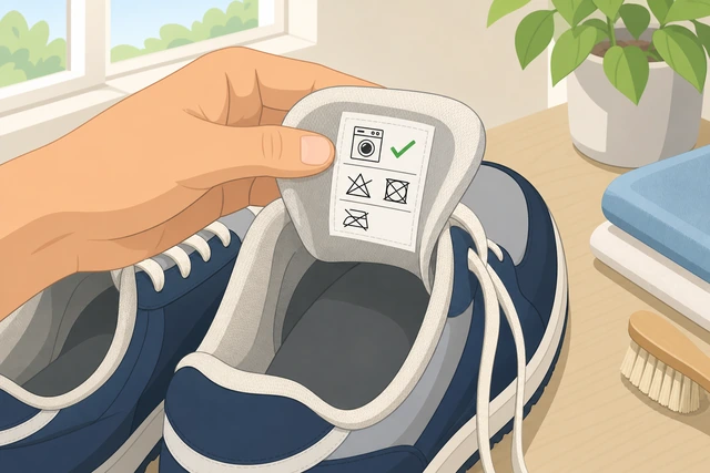 Illustration: checking sneaker care label for machine wash permission