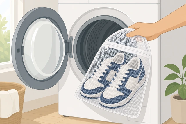 Illustration: sneakers in a mesh laundry bag for gentle machine wash