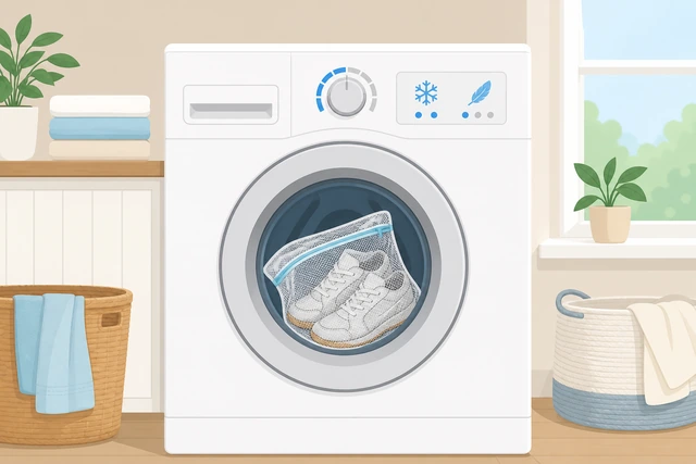 Illustration: washing machine set to cold gentle cycle for sneakers