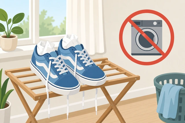 Illustration: machine-washed sneakers air-drying stuffed with paper towels not in dryer