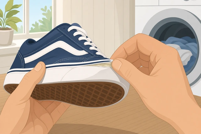 Illustration: inspecting sneakers for softened glue after machine wash