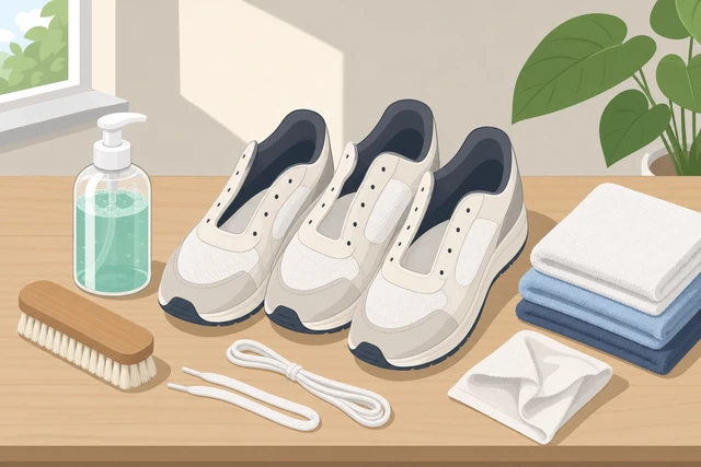 Illustration: sneakers with laces and insoles removed beside soap brush towels