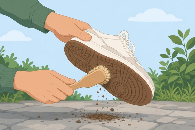 Illustration: knocking dirt from sneakers outdoors and dry-brushing the outsole