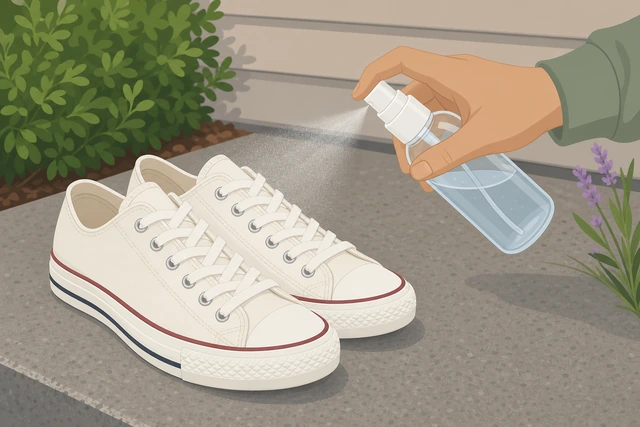 Illustration: lightly spraying fabric protectant on dry canvas sneakers outdoors