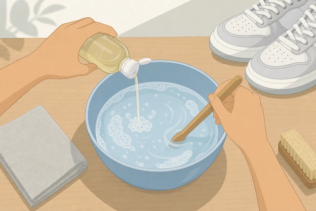 Illustration: mixing mild soap into lukewarm water in a bowl for sneaker cleaning