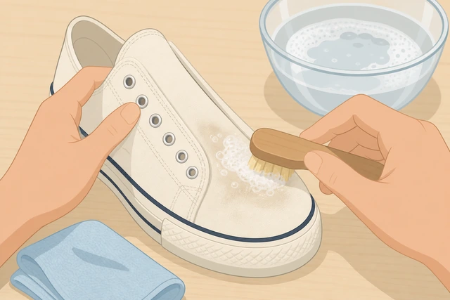 Illustration: soft brush spot-cleaning canvas sneaker upper with soapy water