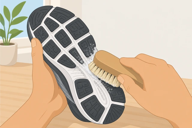 Illustration: scrubbing sneaker outsole and white midsole grooves with a brush